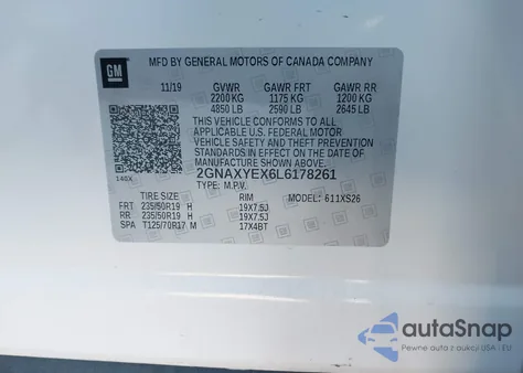 2020 Chevrolet Equinox Awd Premier 2.0L Turbo z USA, uszkodzony, nr VIN 2GNAXYEX6L6178261